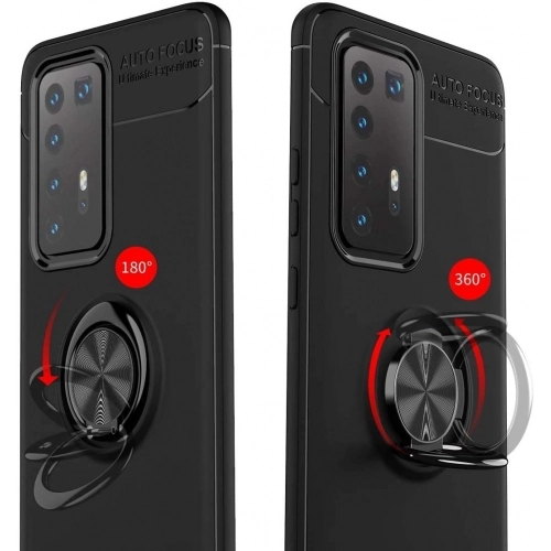 Huawei P40 Pro Kılıf Renkli Silikon Yüzüklü Standlı Auto Focus Ravel Kapak - Siyah