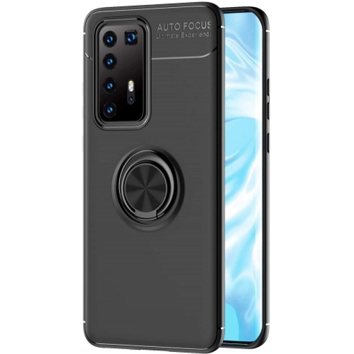 Huawei P40 Pro Kılıf Renkli Silikon Yüzüklü Standlı Auto Focus Ravel Kapak - Siyah