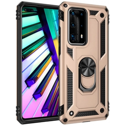 Huawei P40 Pro Kılıf Silikon Zırhlı Standlı Yüzüklü Mıknatıslı Tank Kapak - Gold