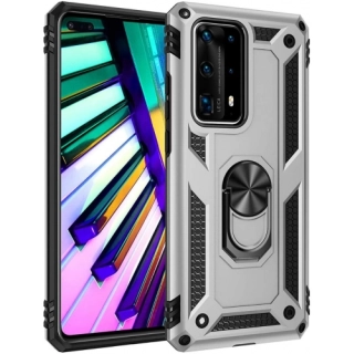 Huawei P40 Pro Kılıf Silikon Zırhlı Standlı Yüzüklü Mıknatıslı Tank Kapak - Gri