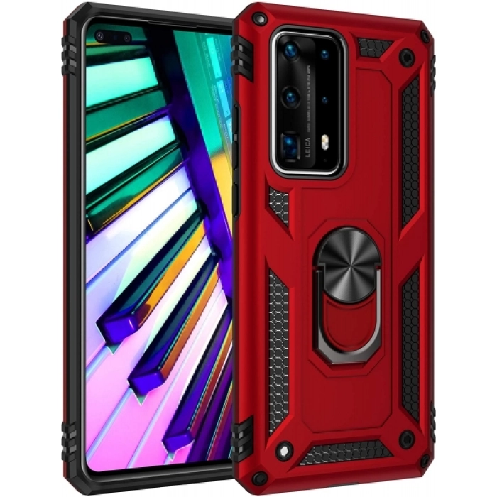 Huawei P40 Pro Kılıf Silikon Zırhlı Standlı Yüzüklü Mıknatıslı Tank Kapak - Kırmızı