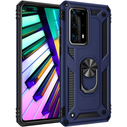 Huawei P40 Pro Kılıf Silikon Zırhlı Standlı Yüzüklü Mıknatıslı Tank Kapak - Lacivert