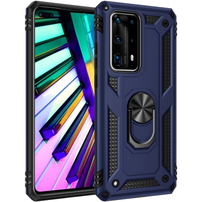 Huawei P40 Pro Kılıf Silikon Zırhlı Standlı Yüzüklü Mıknatıslı Tank Kapak - Lacivert