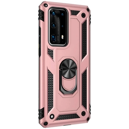 Huawei P40 Pro Kılıf Silikon Zırhlı Standlı Yüzüklü Mıknatıslı Tank Kapak - Rose Gold