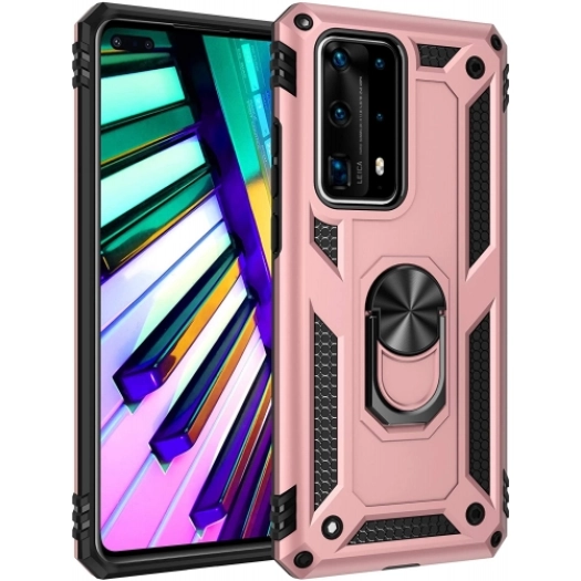 Huawei P40 Pro Kılıf Silikon Zırhlı Standlı Yüzüklü Mıknatıslı Tank Kapak - Rose Gold