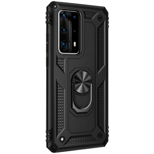 Huawei P40 Pro Kılıf Silikon Zırhlı Standlı Yüzüklü Mıknatıslı Tank Kapak - Siyah