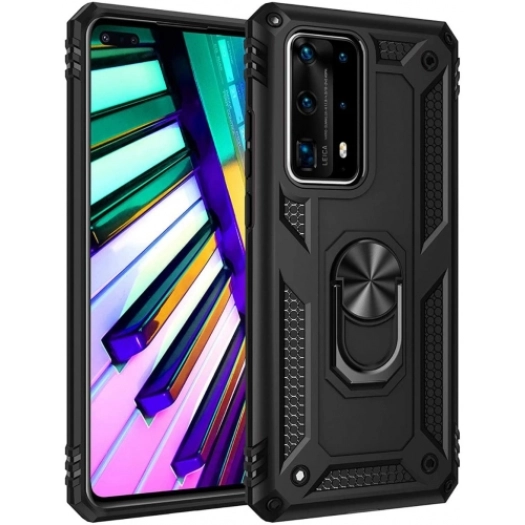Huawei P40 Pro Kılıf Silikon Zırhlı Standlı Yüzüklü Mıknatıslı Tank Kapak - Siyah