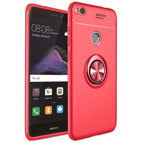Huawei P9 Lite (2017) Kılıf Renkli Silikon Yüzüklü Standlı Auto Focus Ravel Kapak - Kırmızı