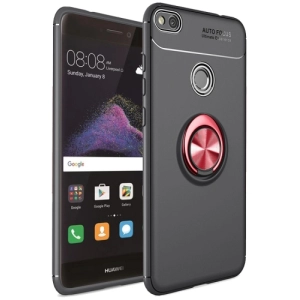 Huawei P9 Lite (2017) Kılıf Renkli Silikon Yüzüklü Standlı Auto Focus Ravel Kapak - Kırmızı - Siyah