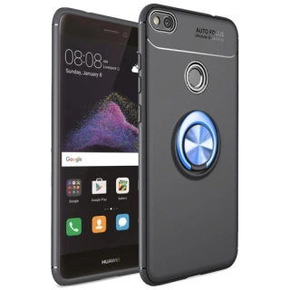Huawei P9 Lite (2017) Kılıf Renkli Silikon Yüzüklü Standlı Auto Focus Ravel Kapak - Mavi - Siyah