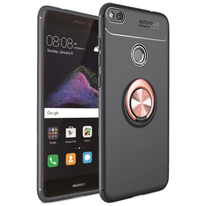 Huawei P9 Lite (2017) Kılıf Renkli Silikon Yüzüklü Standlı Auto Focus Ravel Kapak - Rose Gold