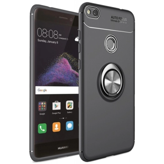 Huawei P9 Lite (2017) Kılıf Renkli Silikon Yüzüklü Standlı Auto Focus Ravel Kapak - Siyah