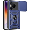Huawei Pura 70 Kılıf Zırhlı Standlı Silikon Sürgülü Kamera Korumalı Tank Kapak - Mavi