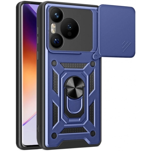 Huawei Pura 70 Kılıf Zırhlı Standlı Silikon Sürgülü Kamera Korumalı Tank Kapak - Mavi