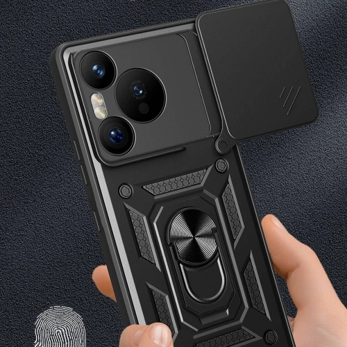 Huawei Pura 70 Kılıf Zırhlı Standlı Silikon Sürgülü Kamera Korumalı Tank Kapak - Siyah