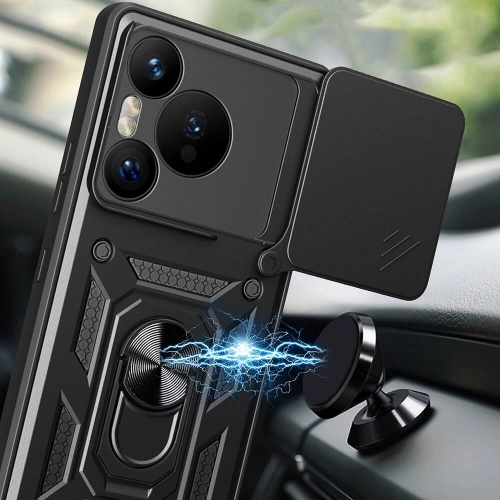 Huawei Pura 70 Kılıf Zırhlı Standlı Silikon Sürgülü Kamera Korumalı Tank Kapak - Siyah