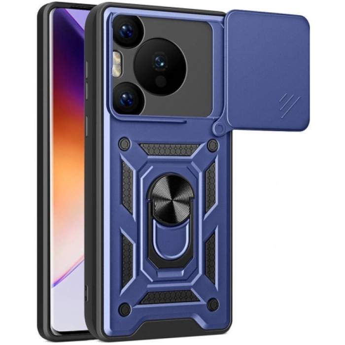 Huawei Pura 70 Pro Kılıf Zırhlı Standlı Silikon Sürgülü Kamera Korumalı Tank Kapak - Mavi