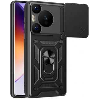 Huawei Pura 70 Pro Kılıf Zırhlı Standlı Silikon Sürgülü Kamera Korumalı Tank Kapak - Siyah