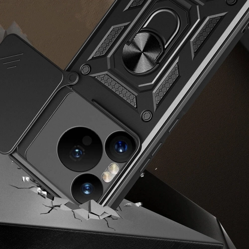 Huawei Pura 70 Pro Kılıf Zırhlı Standlı Silikon Sürgülü Kamera Korumalı Tank Kapak - Siyah