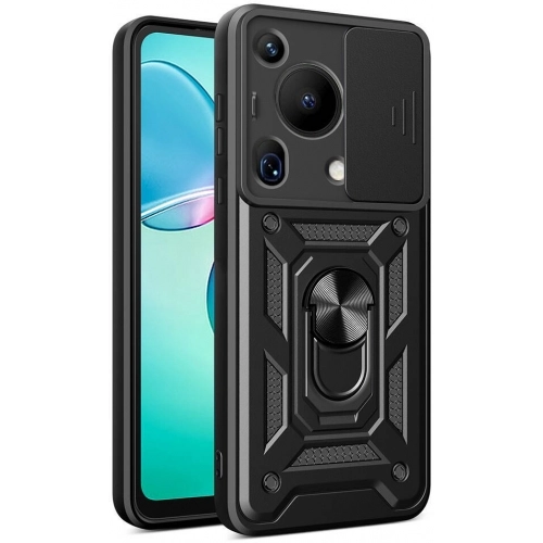 Huawei Pura 70 Ultra Kılıf Zırhlı Standlı Silikon Sürgülü Kamera Korumalı Tank Kapak - Siyah