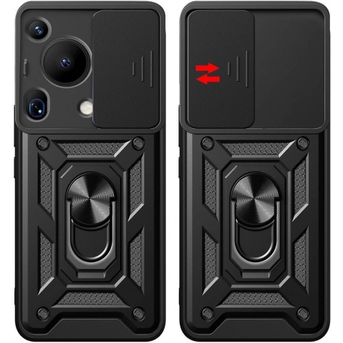 Huawei Pura 70 Ultra Kılıf Zırhlı Standlı Silikon Sürgülü Kamera Korumalı Tank Kapak - Siyah