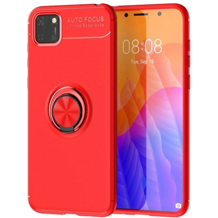 Huawei Y5p Kılıf Renkli Silikon Yüzüklü Standlı Auto Focus Ravel Kapak - Kırmızı