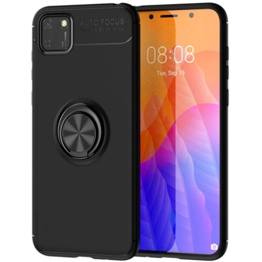 Huawei Y5p Kılıf Renkli Silikon Yüzüklü Standlı Auto Focus Ravel Kapak - Siyah