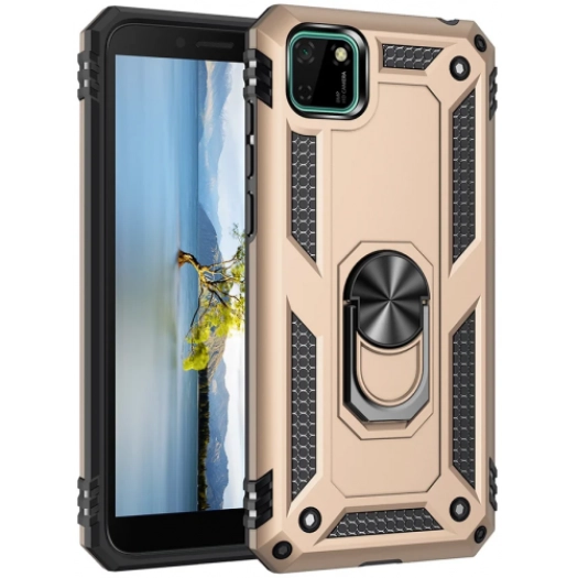 Huawei Y5p Kılıf Silikon Zırhlı Standlı Yüzüklü Mıknatıslı Tank Kapak - Gold