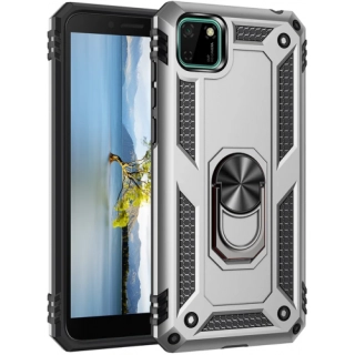 Huawei Y5p Kılıf Silikon Zırhlı Standlı Yüzüklü Mıknatıslı Tank Kapak - Gümüş