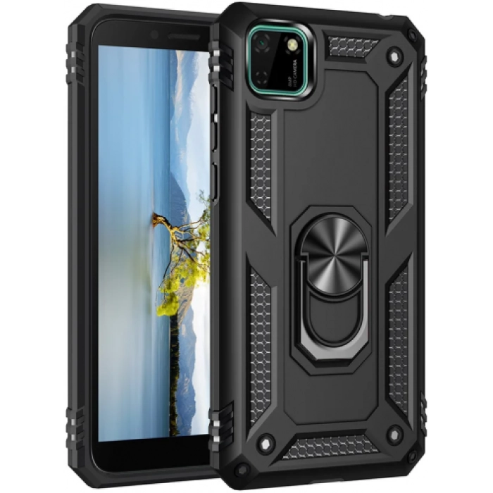 Huawei Y5p Kılıf Silikon Zırhlı Standlı Yüzüklü Mıknatıslı Tank Kapak - Siyah