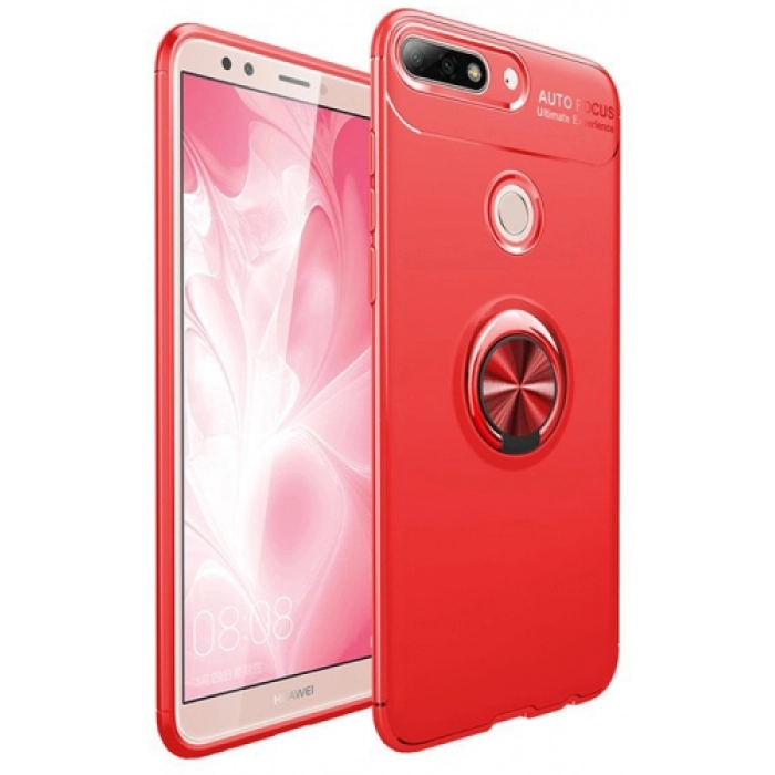 Huawei Y7 2018 Kılıf Renkli Silikon Yüzüklü Standlı Auto Focus Ravel Kapak - Kırmızı