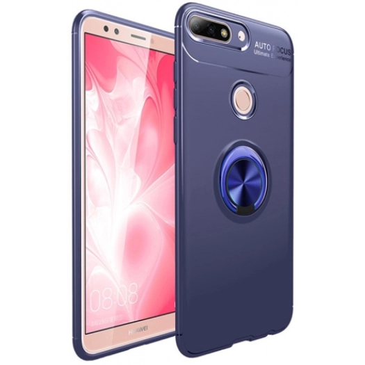 Huawei Y7 2018 Kılıf Renkli Silikon Yüzüklü Standlı Auto Focus Ravel Kapak - Mavi