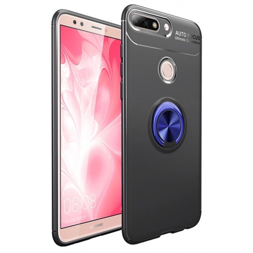 Huawei Y7 2018 Kılıf Renkli Silikon Yüzüklü Standlı Auto Focus Ravel Kapak - Mavi - Siyah