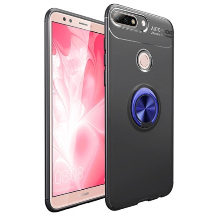 Huawei Y7 2018 Kılıf Renkli Silikon Yüzüklü Standlı Auto Focus Ravel Kapak - Mavi - Siyah