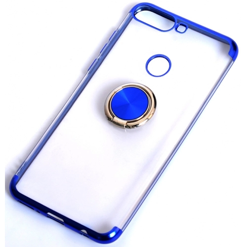 Huawei Y7 2018 Kılıf Renkli Köşeli Yüzüklü Standlı Lazer Şeffaf Esnek Silikon - Mavi