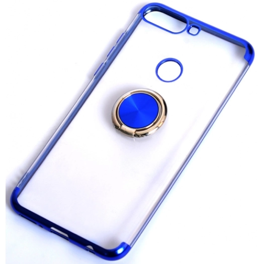 Huawei Y7 2018 Kılıf Renkli Köşeli Yüzüklü Standlı Lazer Şeffaf Esnek Silikon - Mavi