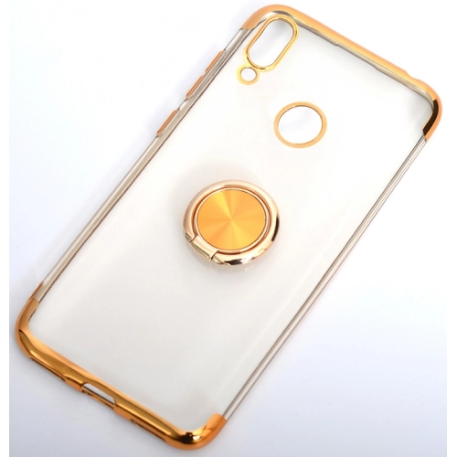 Huawei Y7 2019 Kılıf Renkli Köşeli Yüzüklü Standlı Lazer Şeffaf Esnek Silikon - Gold