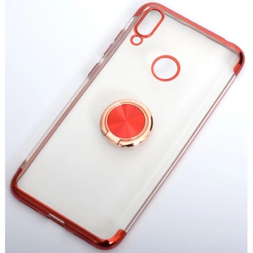 Huawei Y7 2019 Kılıf Renkli Köşeli Yüzüklü Standlı Lazer Şeffaf Esnek Silikon - Kırmızı