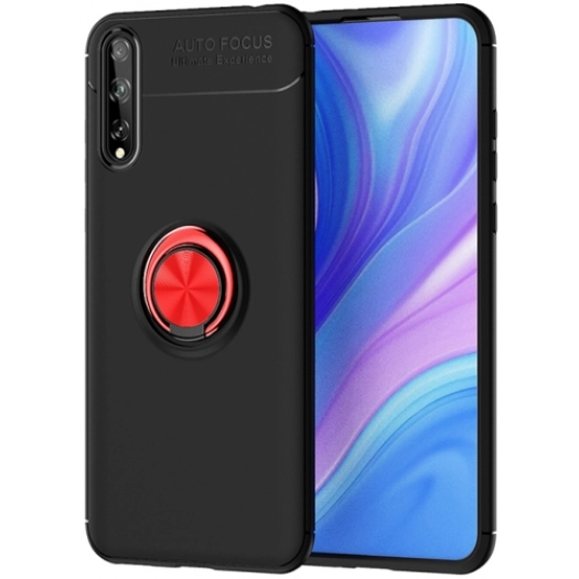 Huawei Y8p Kılıf Renkli Silikon Yüzüklü Standlı Auto Focus Ravel Kapak - Kırmızı - Siyah