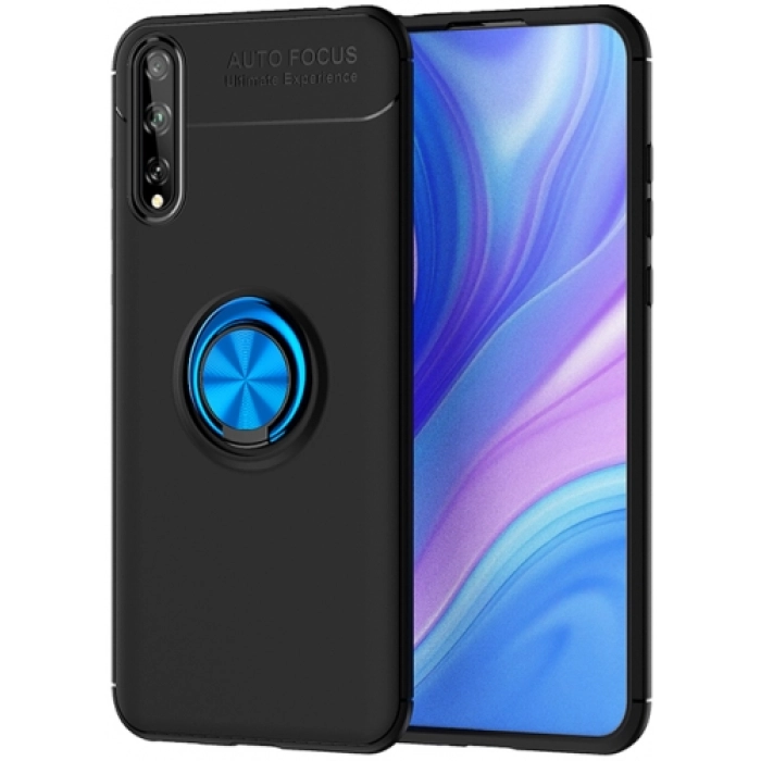 Huawei Y8p Kılıf Renkli Silikon Yüzüklü Standlı Auto Focus Ravel Kapak - Mavi - Siyah