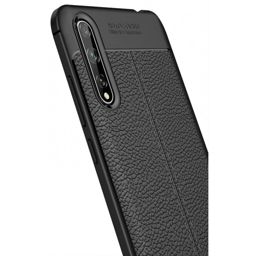 Huawei Y8p Kılıf Deri Görünümlü Lüks Parmak İzi Bırakmaz Niss Silikon Kapak - Siyah