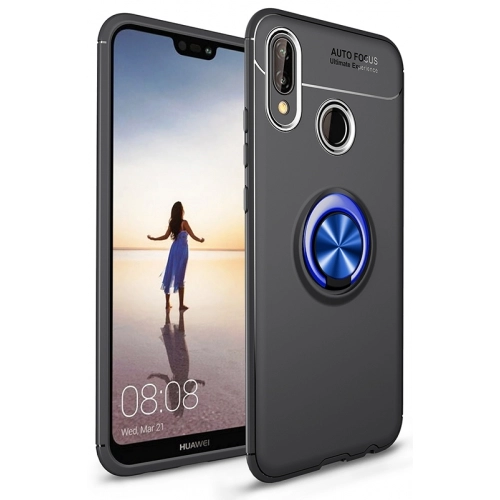 Huawei Y9 2019 Kılıf Renkli Silikon Yüzüklü Standlı Auto Focus Ravel Kapak - Mavi - Siyah