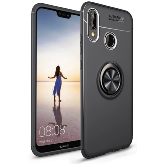 Huawei Y9 2019 Kılıf Renkli Silikon Yüzüklü Standlı Auto Focus Ravel Kapak - Siyah