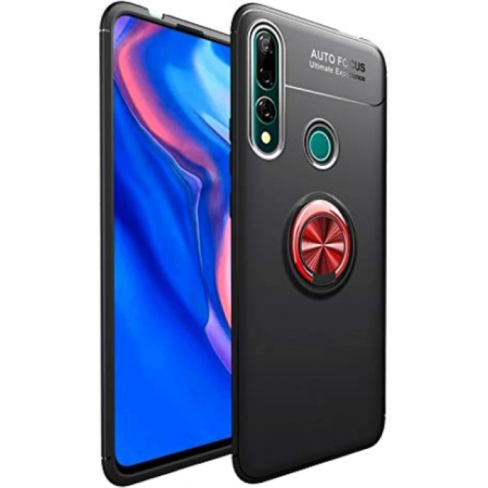 Huawei Y9 Prime 2019 Kılıf Renkli Silikon Yüzüklü Standlı Auto Focus Ravel Kapak - Kırmızı - Siyah
