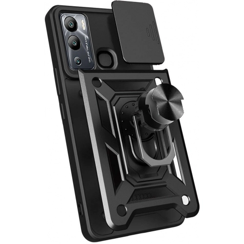 Infinix Hot 12i Kılıf Zırhlı Standlı Silikon Sürgülü Kamera Korumalı Tank Kapak - Mavi