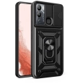 Infinix Hot 12i Kılıf Zırhlı Standlı Silikon Sürgülü Kamera Korumalı Tank Kapak - Siyah