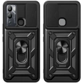 Infinix Hot 12i Kılıf Zırhlı Standlı Silikon Sürgülü Kamera Korumalı Tank Kapak - Siyah