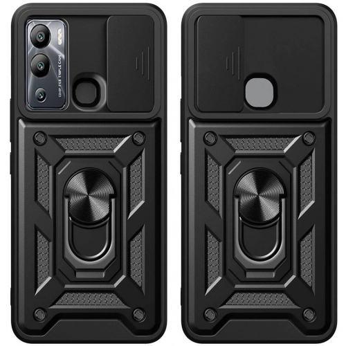 Infinix Hot 12i Kılıf Zırhlı Standlı Silikon Sürgülü Kamera Korumalı Tank Kapak - Siyah