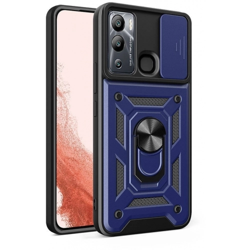 İnfinix Hot 20i Kılıf Zırhlı Standlı Silikon Sürgülü Kamera Korumalı Tank Kapak - Mavi