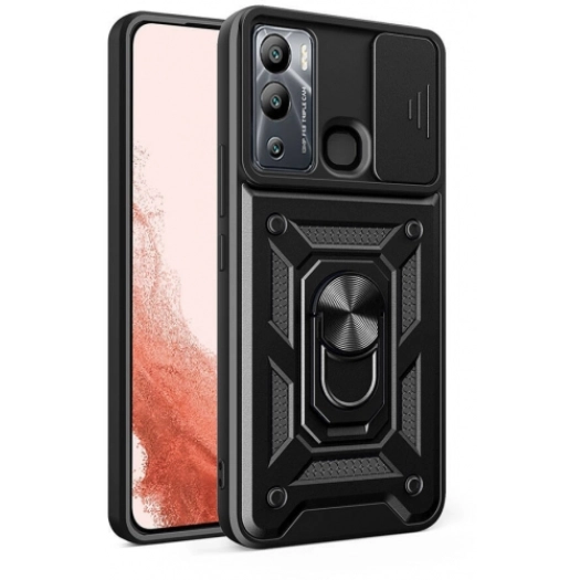 İnfinix Hot 20i Kılıf Zırhlı Standlı Silikon Sürgülü Kamera Korumalı Tank Kapak - Siyah